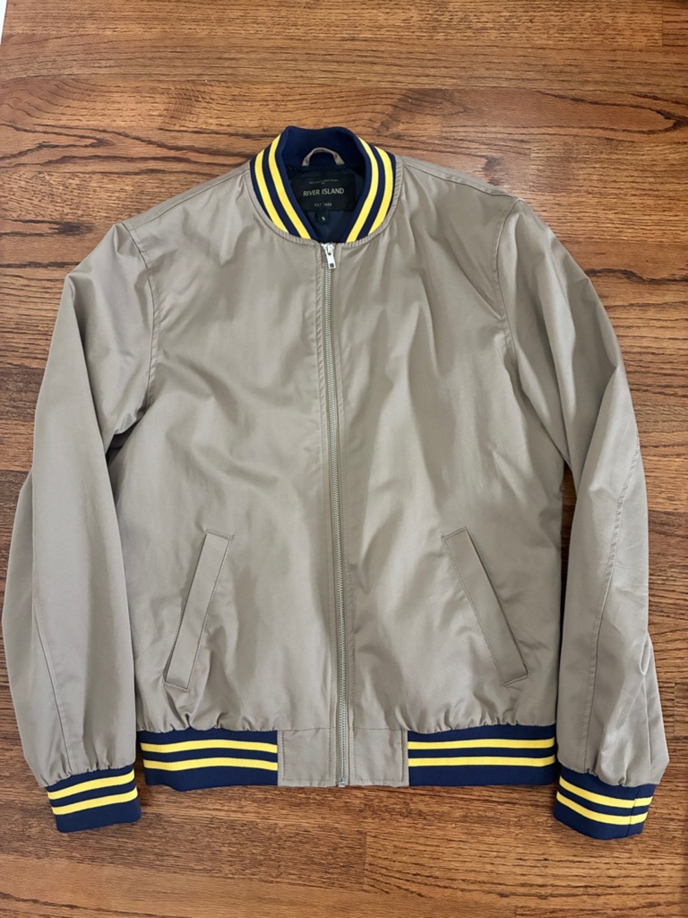 River Island Men's Tan Bomber Jacket with Navy & Yellow Trim